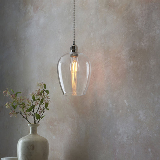 Lamp Candle| Hoburne Pendant in Bright Nickel with Clear Glass