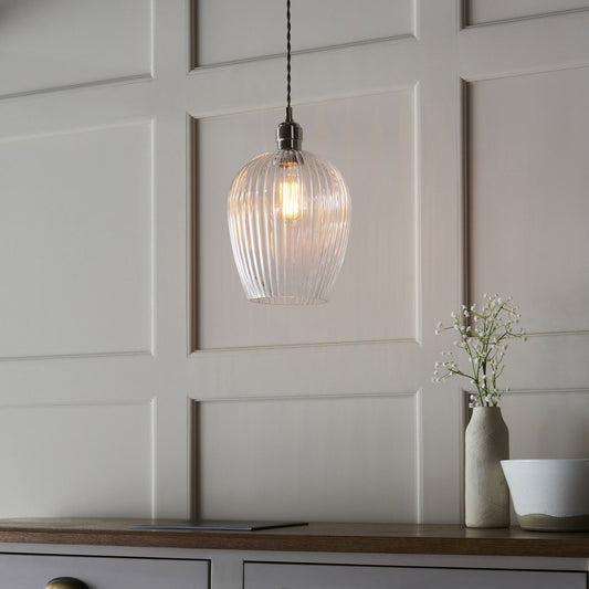 Lamp Candle| Hoburne Pendant in Bright Nickel with Clear Ribbed Glass