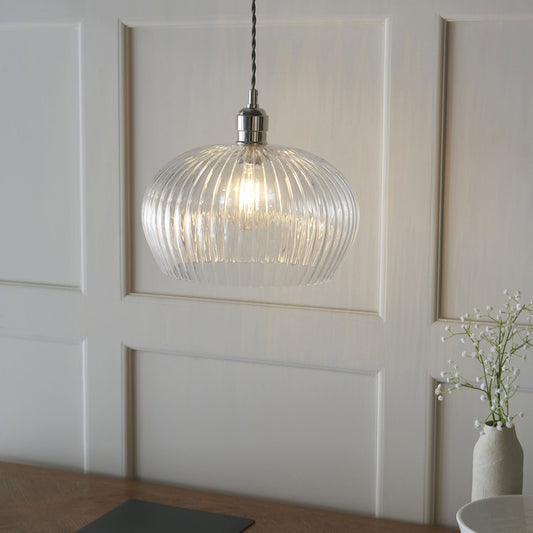 Lamp Candle| Hoburne Medium Pendant in Bright Nickel with Clear Ribbed Glass
