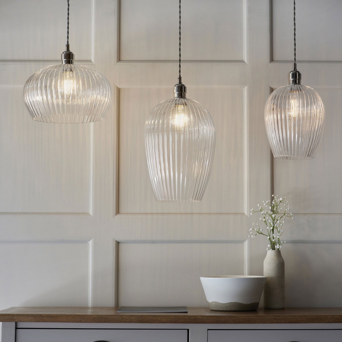 Lamp Candle| Hoburne Medium Pendant in Bright Nickel with Clear Ribbed Glass