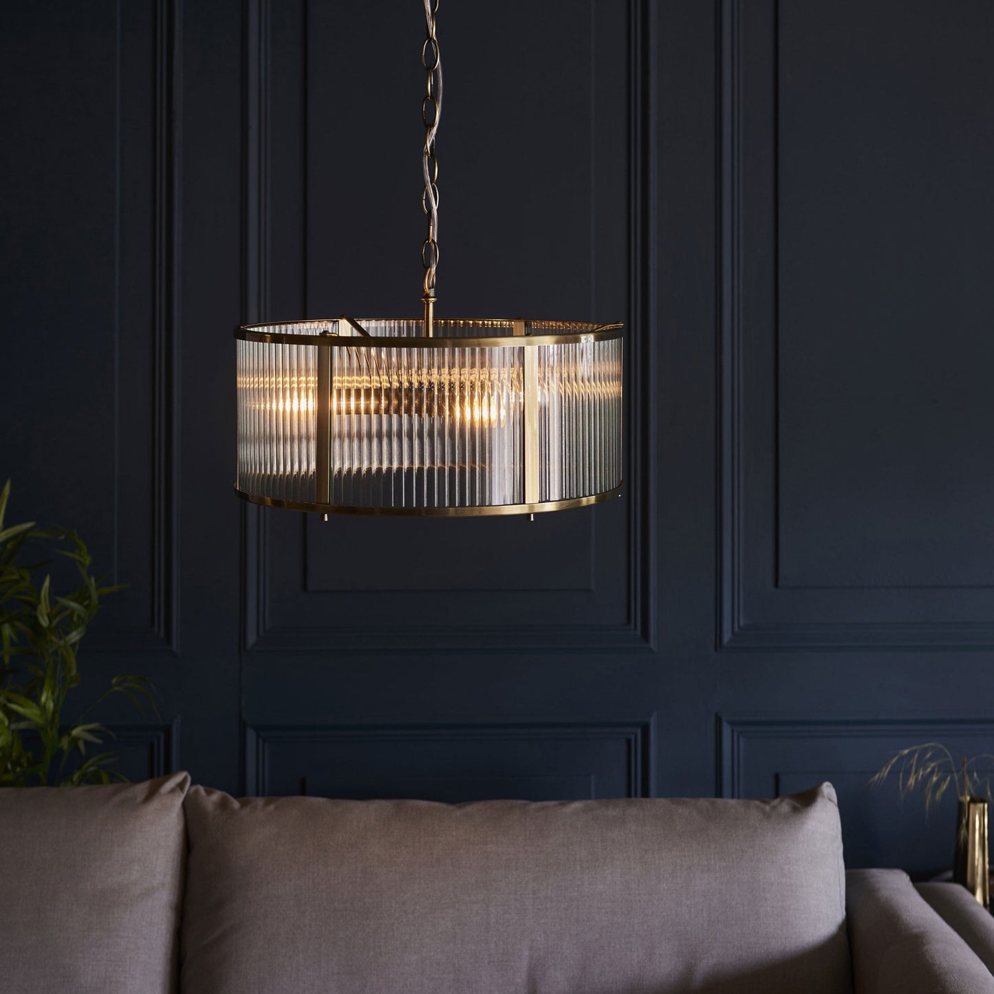 Lamp Candle| Ridgeton Pendant Light in Antique Brass & Clear Ribbed Glass