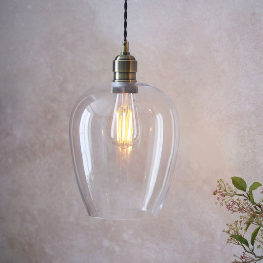 Lamp Candle| Hoburne Pendant in Antique Brass with Clear Glass
