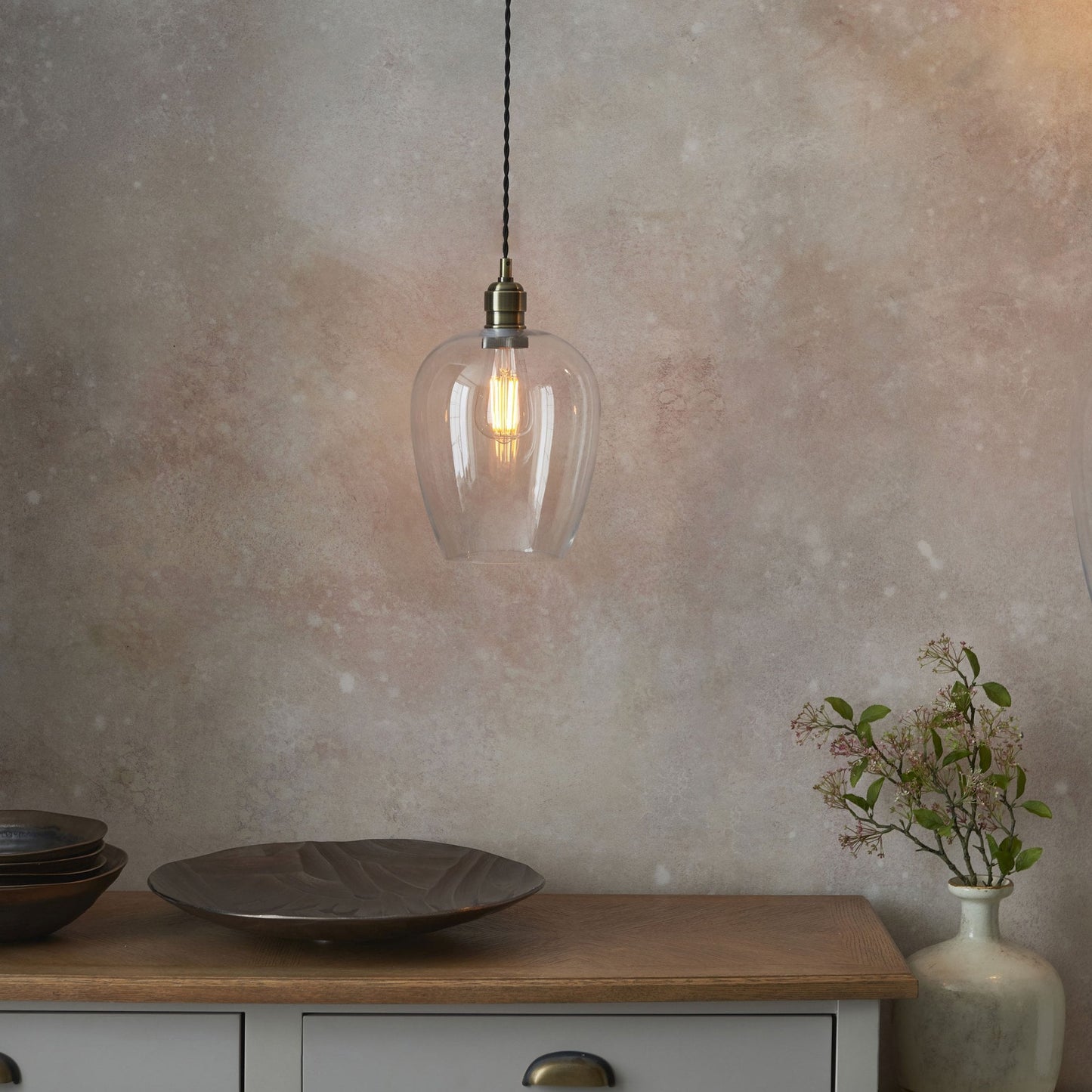 Lamp Candle| Hoburne Pendant in Antique Brass with Clear Glass