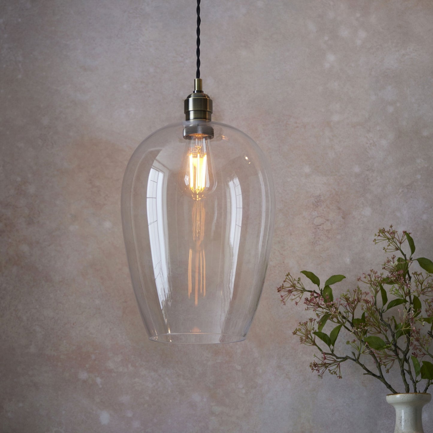 Lamp Candle| Hoburne Large Pendant in Antique Brass with Clear Glass