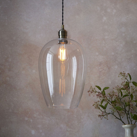 Lamp Candle| Hoburne Large Pendant in Antique Brass with Clear Glass
