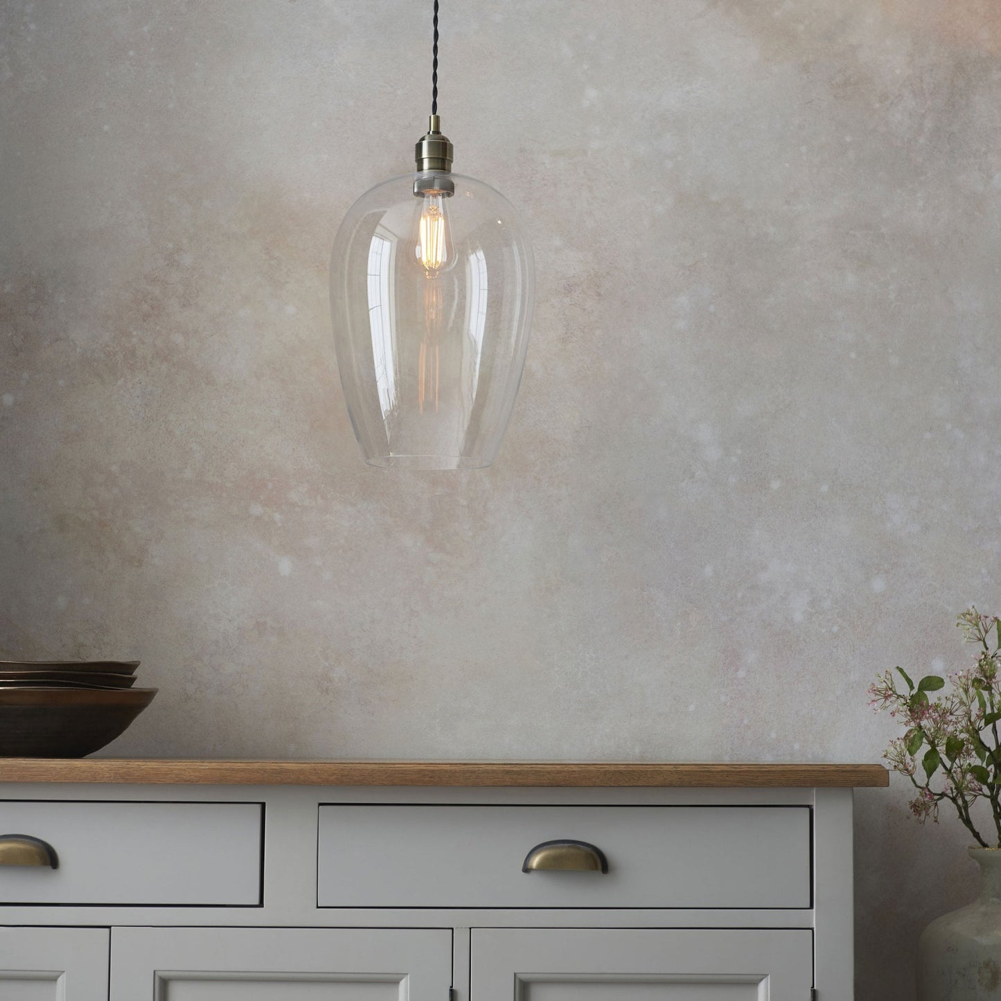 Lamp Candle| Hoburne Large Pendant in Antique Brass with Clear Glass