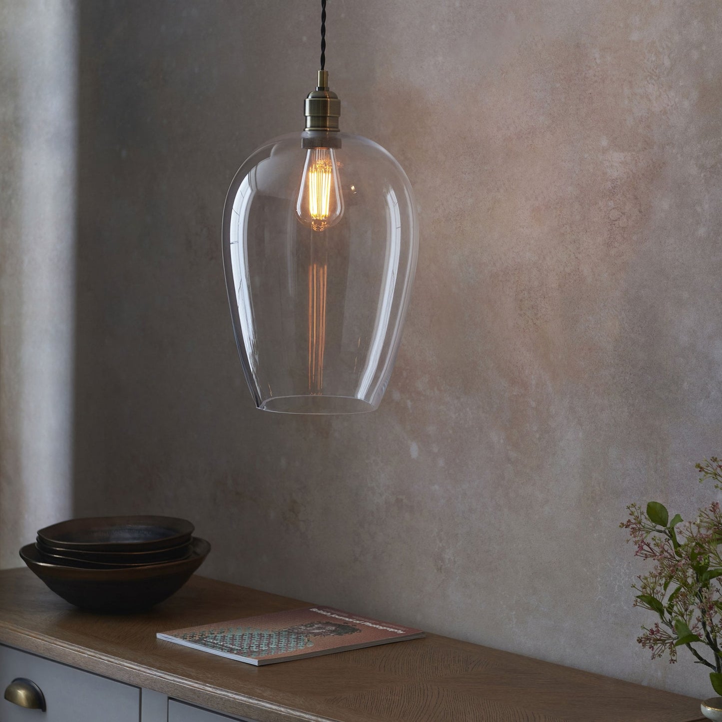 Lamp Candle| Hoburne Large Pendant in Antique Brass with Clear Glass