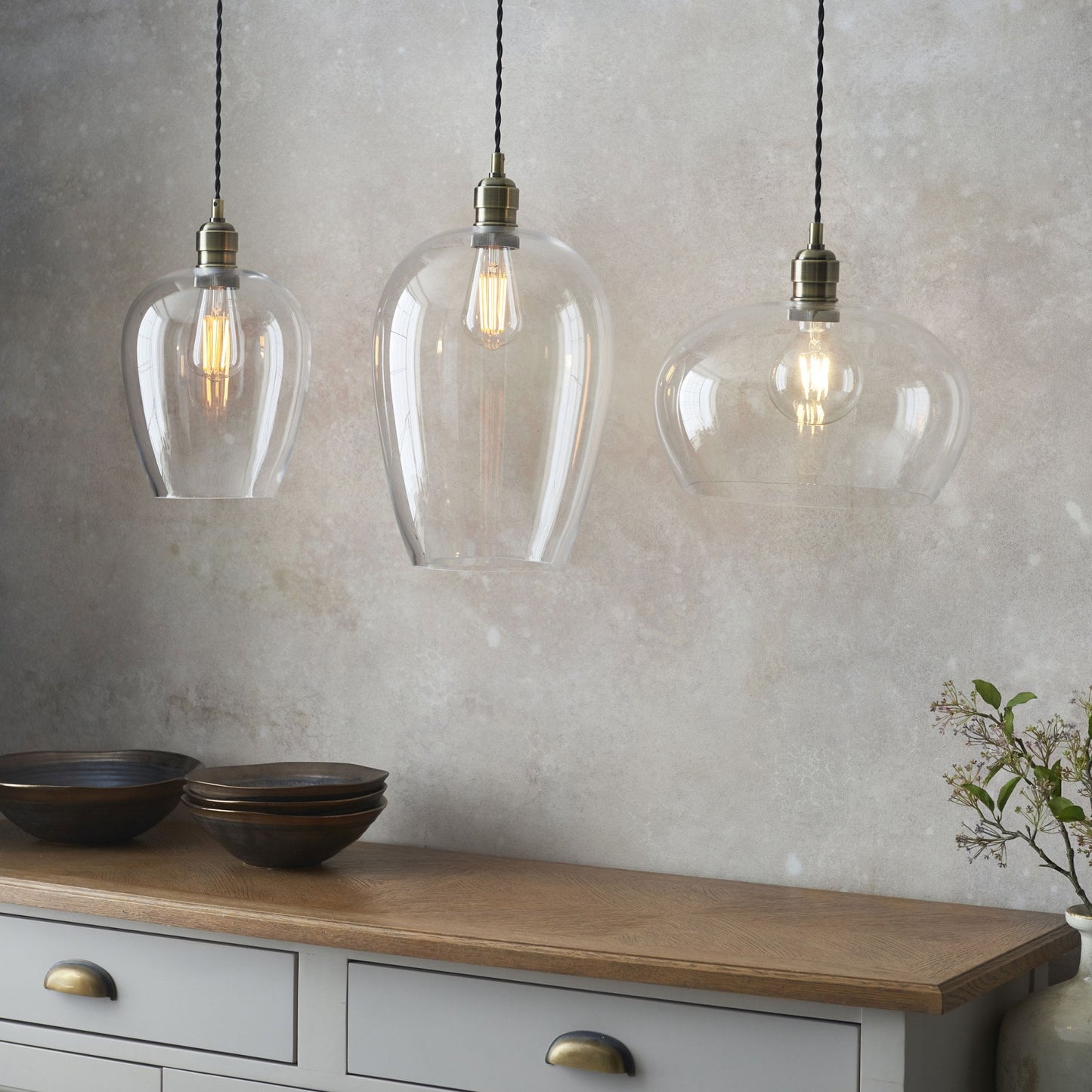 Lamp Candle| Hoburne Large Pendant in Antique Brass with Clear Glass
