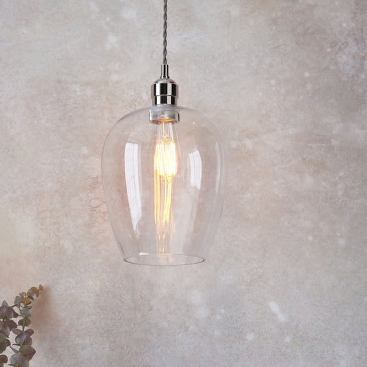 Lamp Candle| Hoburne Pendant in Bright Nickel with Clear Glass