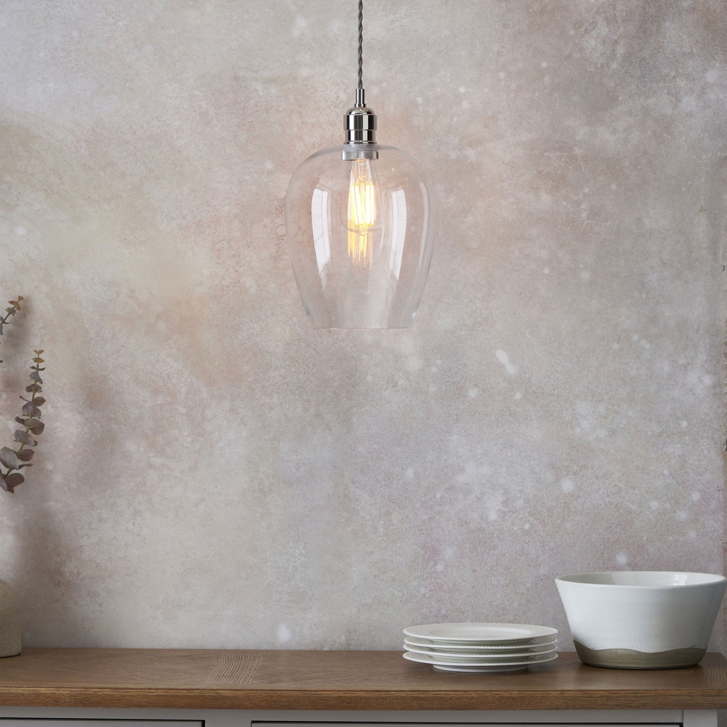 Lamp Candle| Hoburne Pendant in Bright Nickel with Clear Glass
