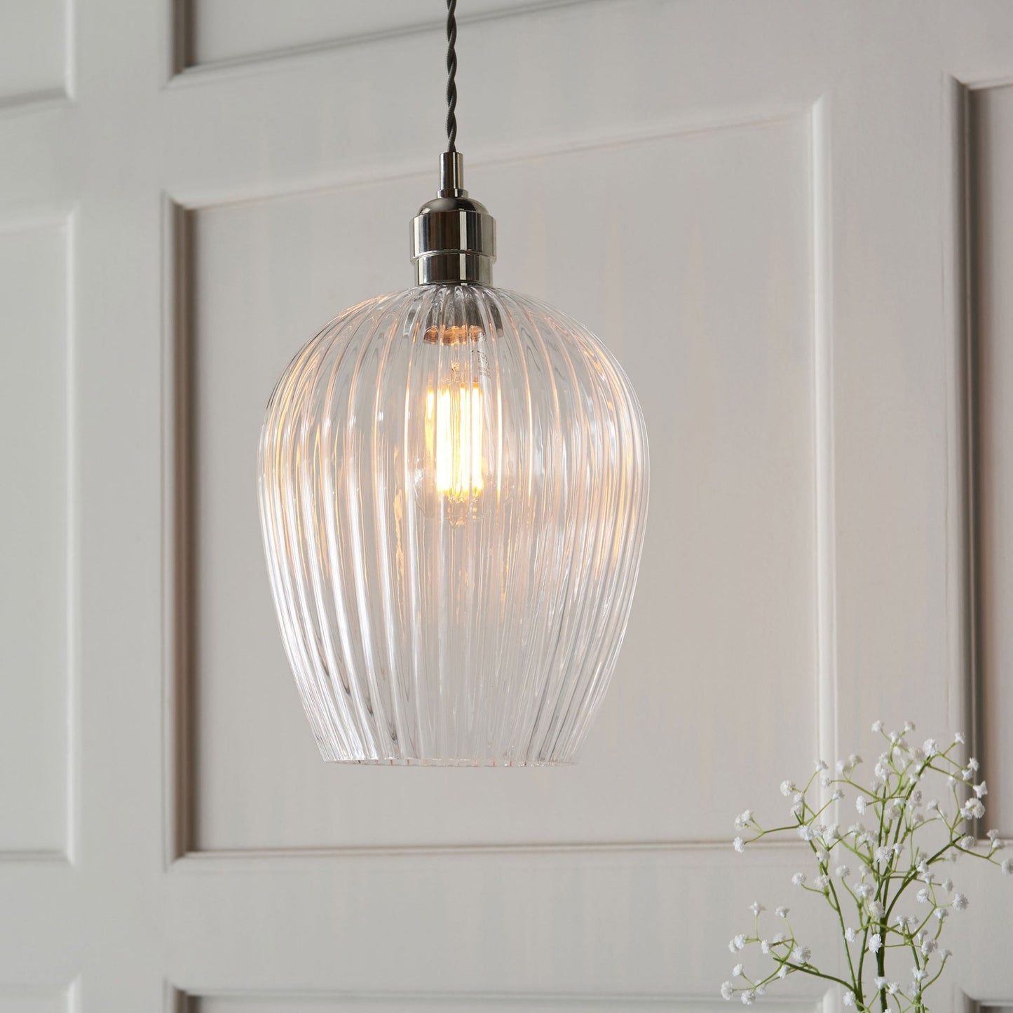 Lamp Candle| Hoburne Pendant in Bright Nickel with Clear Ribbed Glass