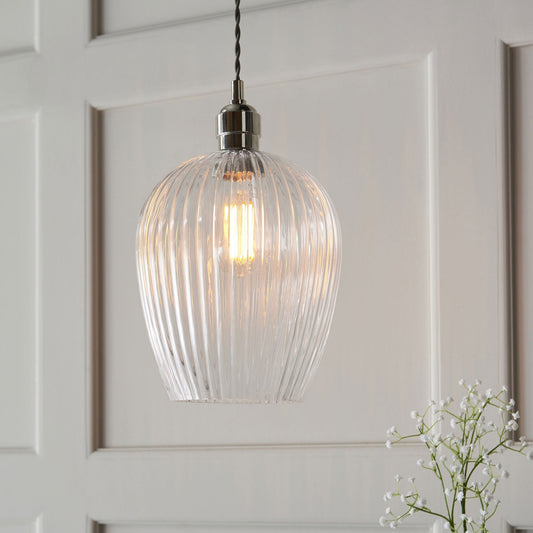 Lamp Candle| Hoburne Pendant in Bright Nickel with Clear Ribbed Glass