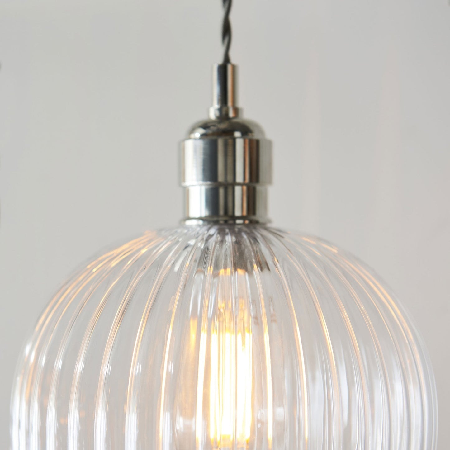 Lamp Candle| Hoburne Pendant in Bright Nickel with Clear Ribbed Glass