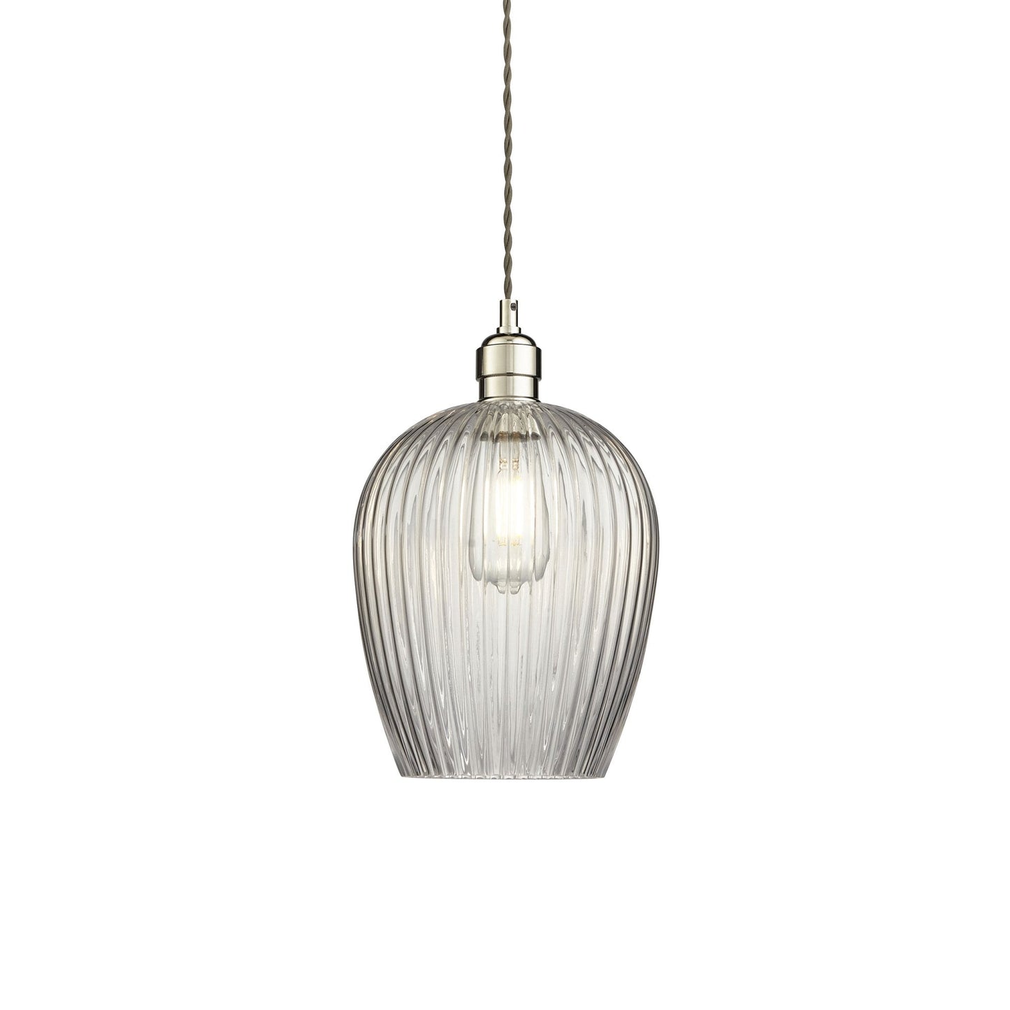 Lamp Candle| Hoburne Pendant in Bright Nickel with Clear Ribbed Glass