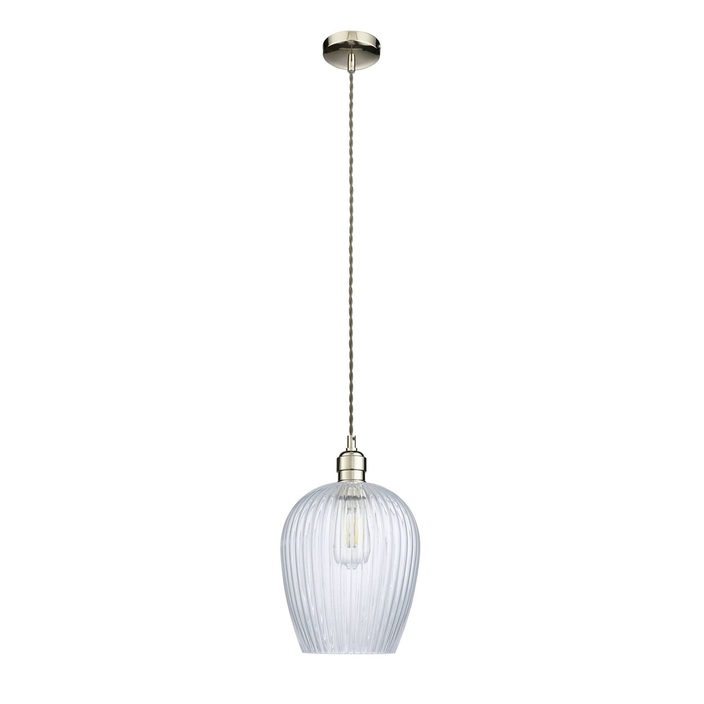 Lamp Candle| Hoburne Pendant in Bright Nickel with Clear Ribbed Glass
