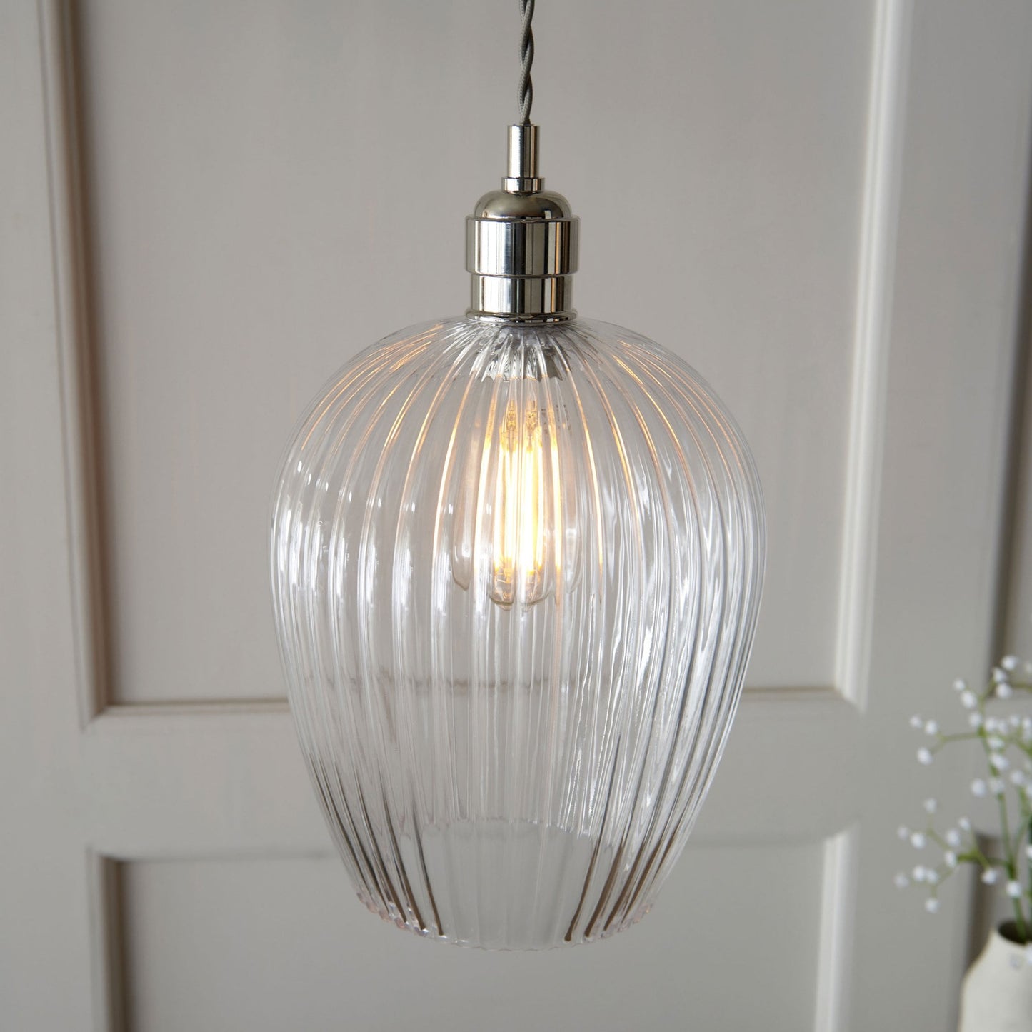 Lamp Candle| Hoburne Pendant in Bright Nickel with Clear Ribbed Glass