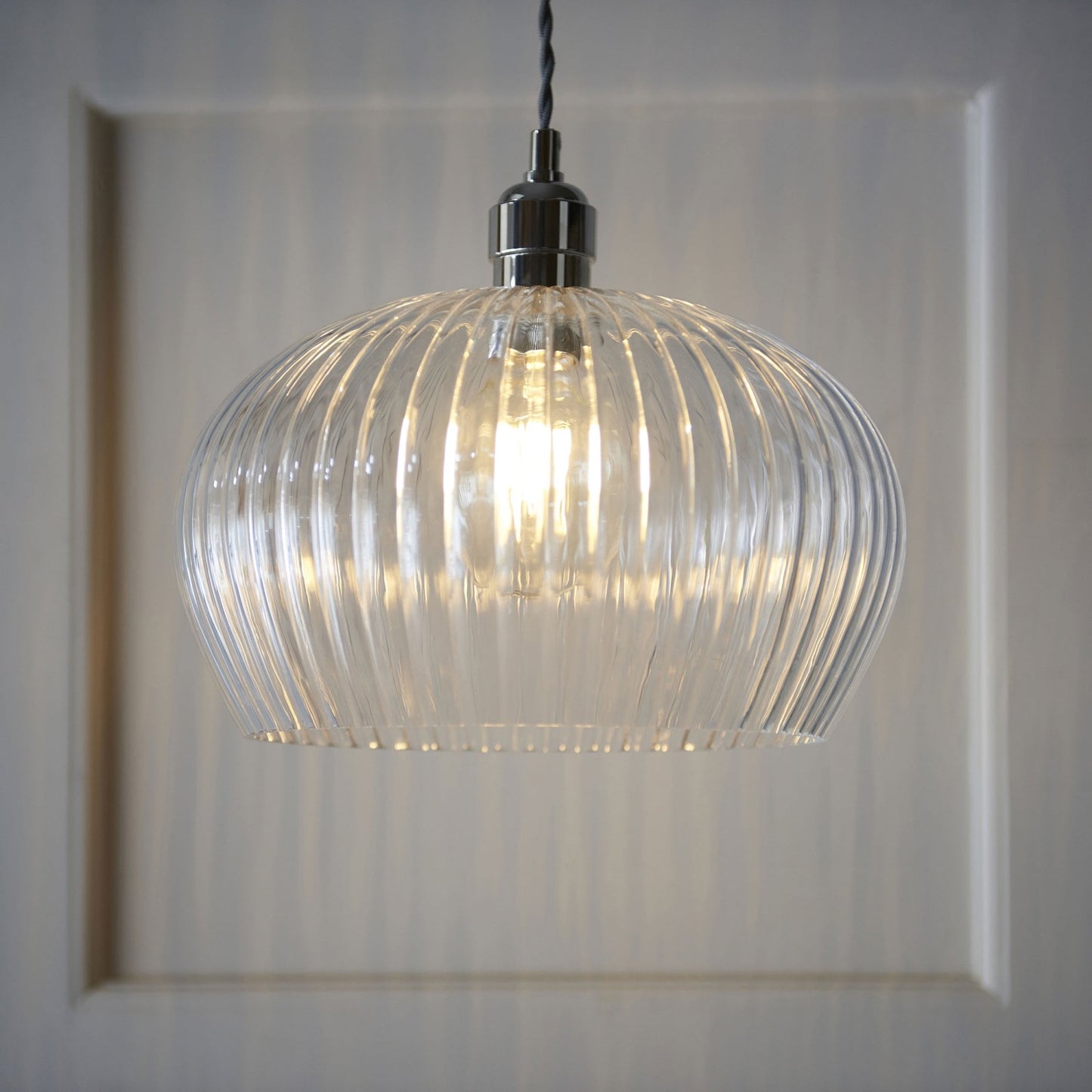 Lamp Candle| Hoburne Medium Pendant in Bright Nickel with Clear Ribbed Glass