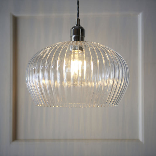 Lamp Candle| Hoburne Medium Pendant in Bright Nickel with Clear Ribbed Glass