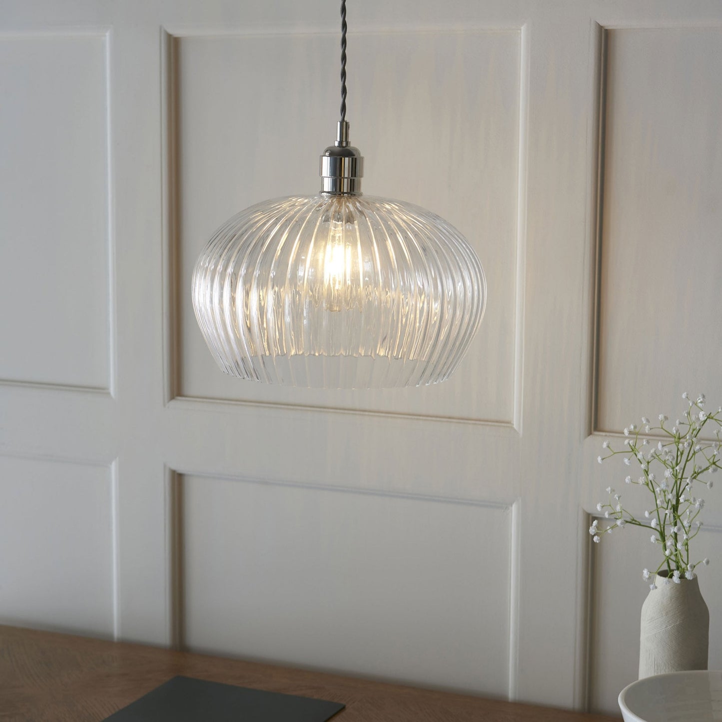 Lamp Candle| Hoburne Medium Pendant in Bright Nickel with Clear Ribbed Glass