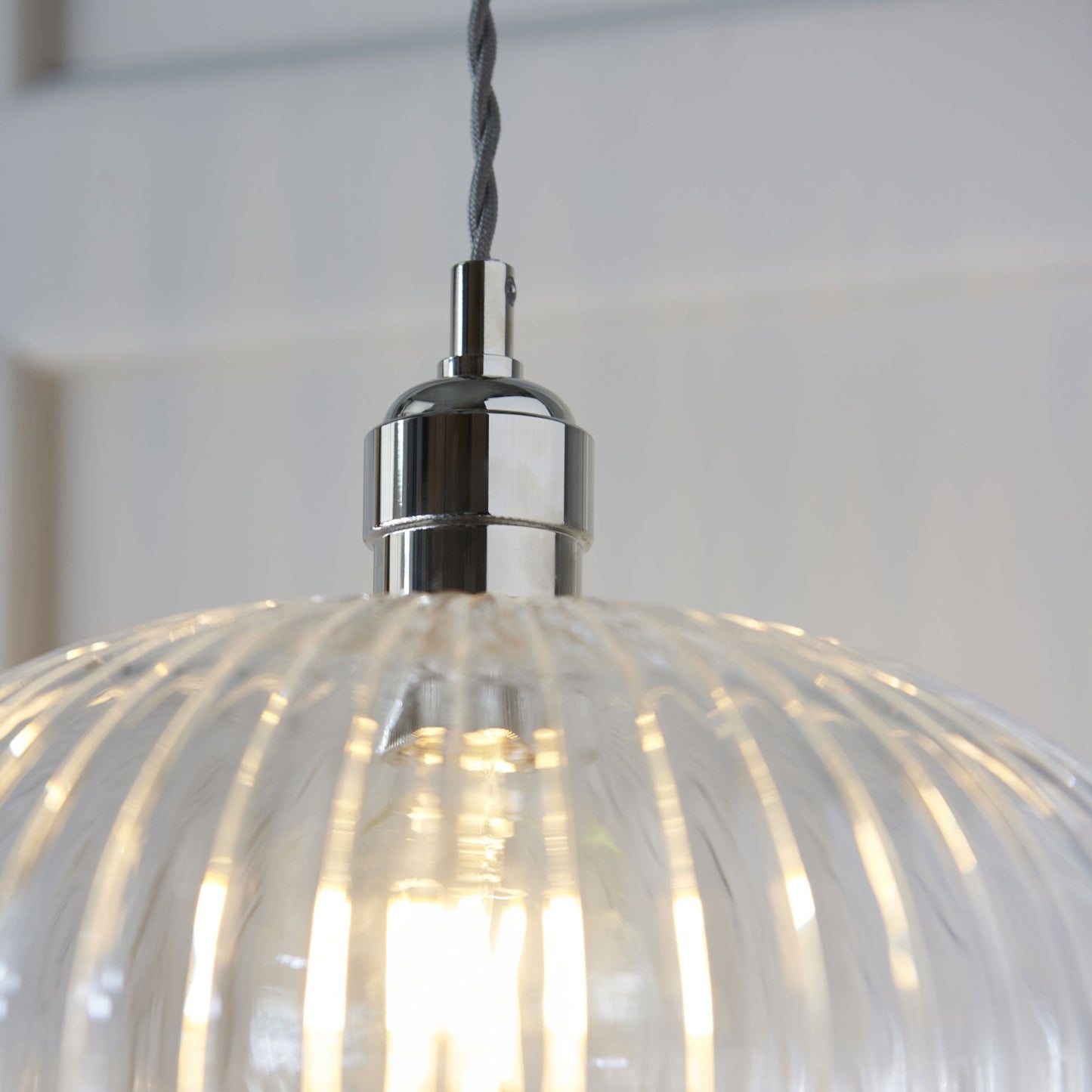 Lamp Candle| Hoburne Medium Pendant in Bright Nickel with Clear Ribbed Glass
