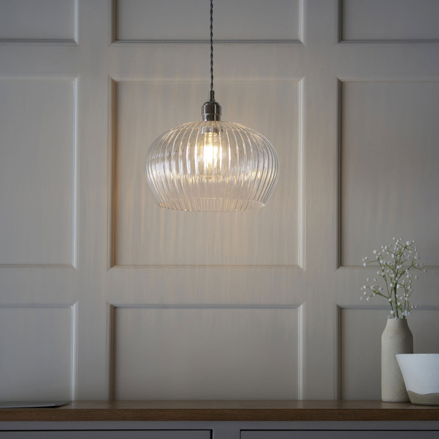 Lamp Candle| Hoburne Medium Pendant in Bright Nickel with Clear Ribbed Glass