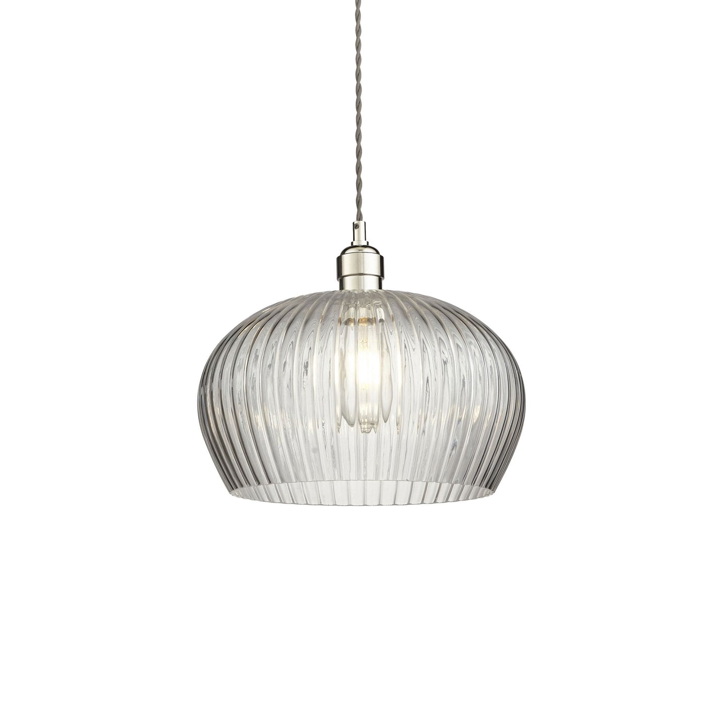 Lamp Candle| Hoburne Medium Pendant in Bright Nickel with Clear Ribbed Glass