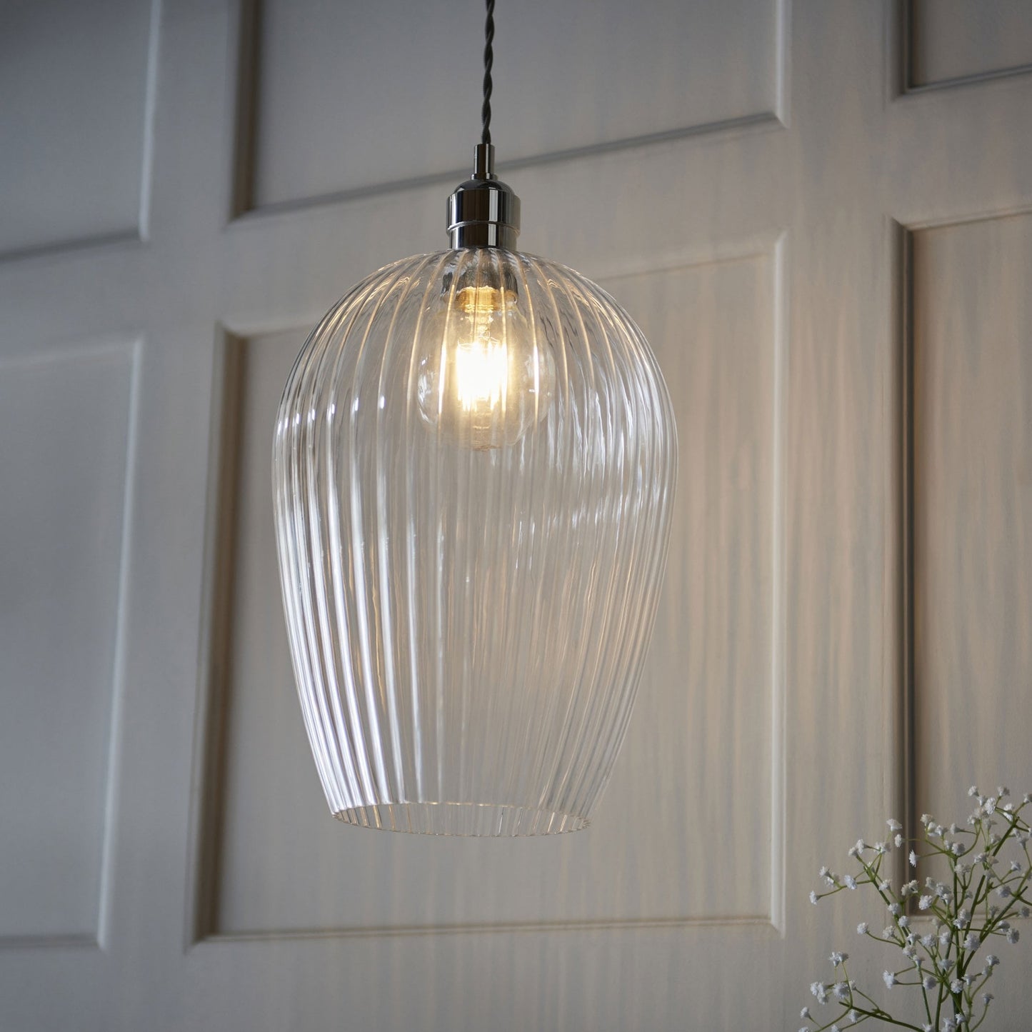 Lamp Candle| Hoburne Large Pendant in Bright Nickel with Clear Ribbed Glass