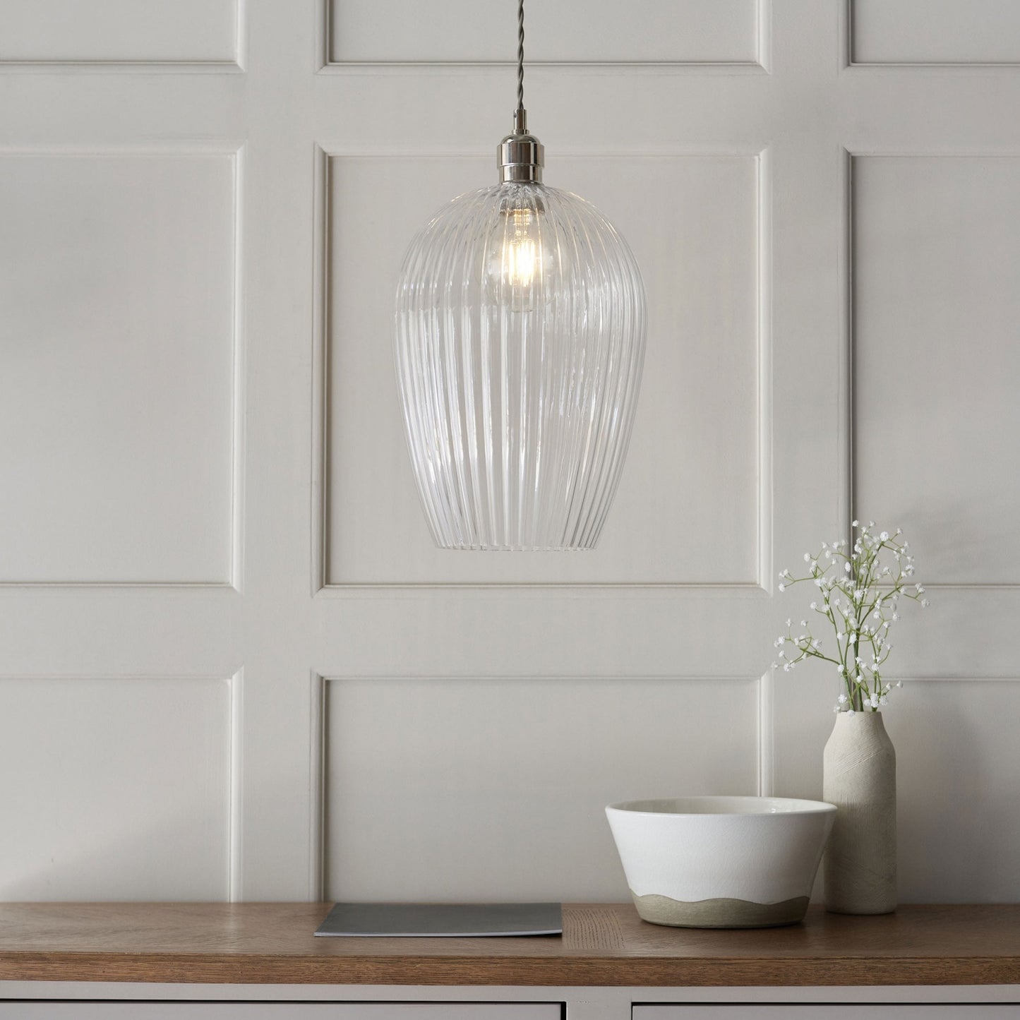 Lamp Candle| Hoburne Large Pendant in Bright Nickel with Clear Ribbed Glass