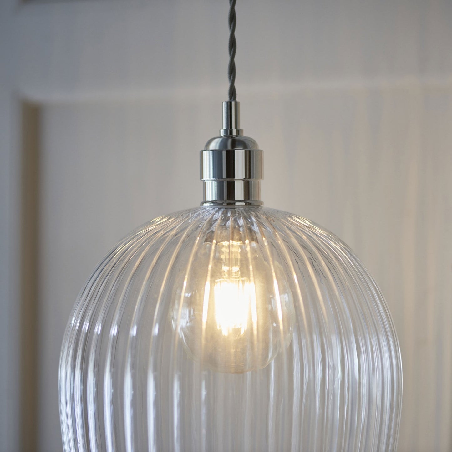 Lamp Candle| Hoburne Large Pendant in Bright Nickel with Clear Ribbed Glass
