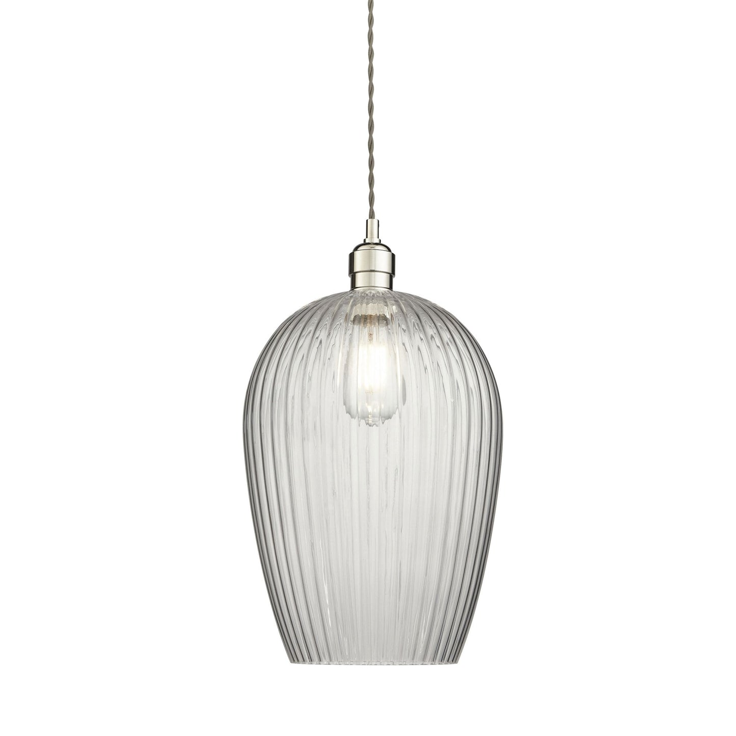 Lamp Candle| Hoburne Large Pendant in Bright Nickel with Clear Ribbed Glass