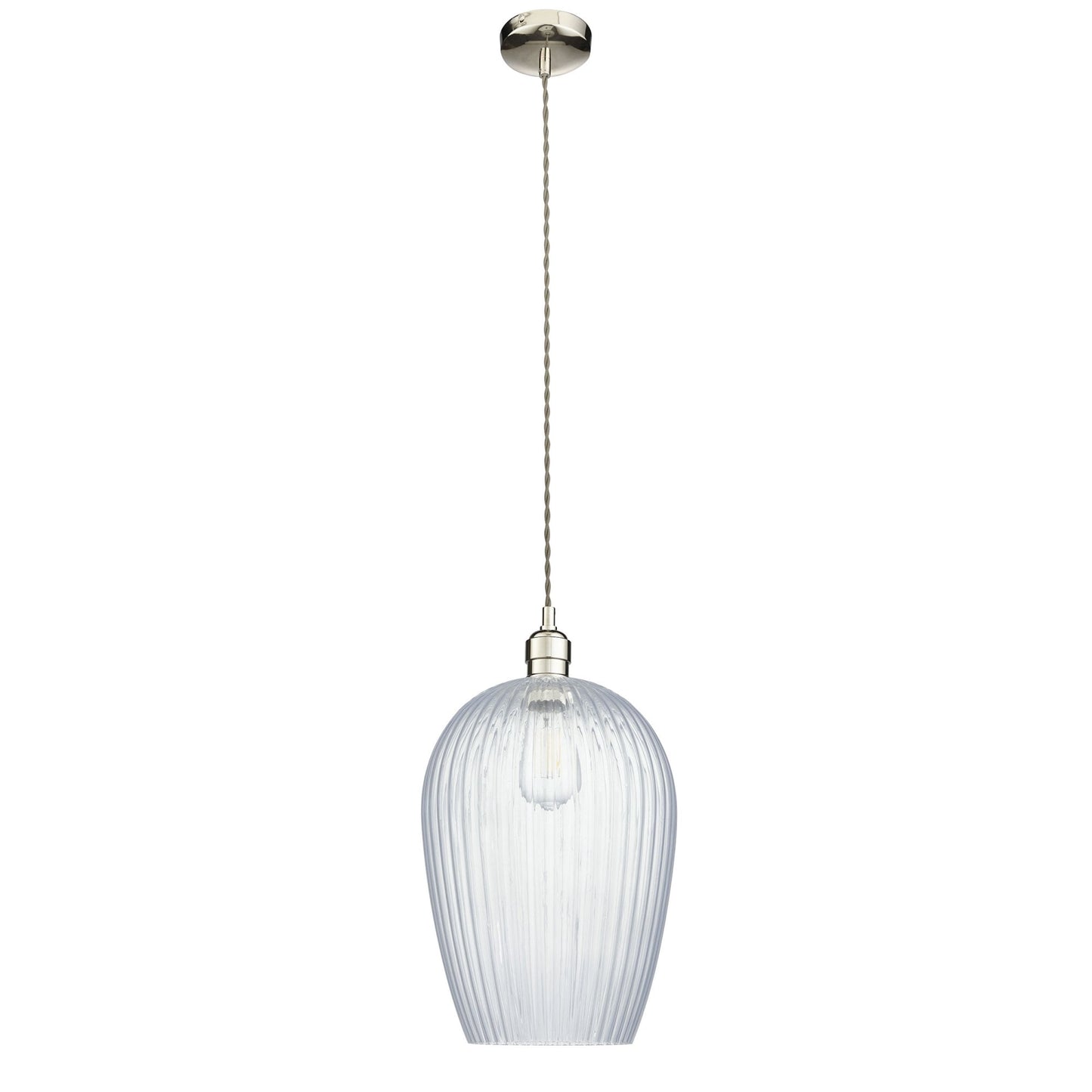 Lamp Candle| Hoburne Large Pendant in Bright Nickel with Clear Ribbed Glass