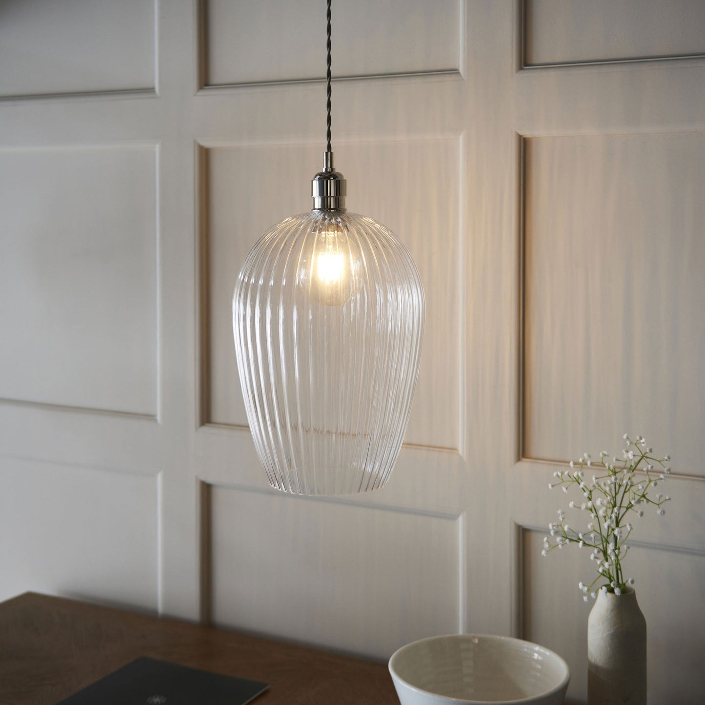 Lamp Candle| Hoburne Large Pendant in Bright Nickel with Clear Ribbed Glass