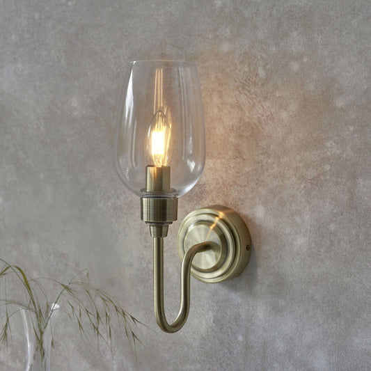Lamp Candle| Single Wall Light in Antique Brass & Clear Glass