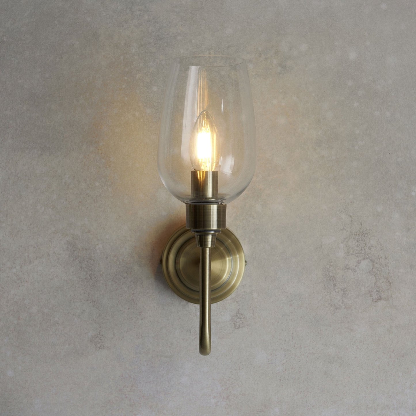 Lamp Candle| Single Wall Light in Antique Brass & Clear Glass