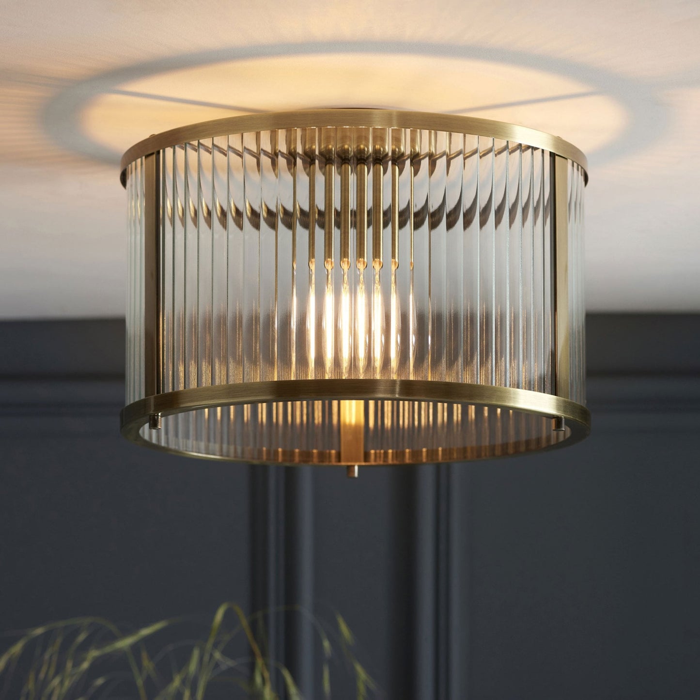 Lamp Candle| Ridgeton Flush Ceiling Light in Antique Brass & Clear Ribbed Glass
