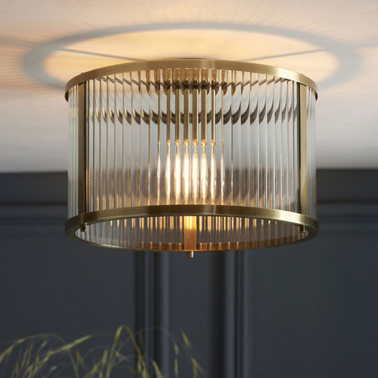 Lamp Candle| Ridgeton Flush Ceiling Light in Antique Brass & Clear Ribbed Glass