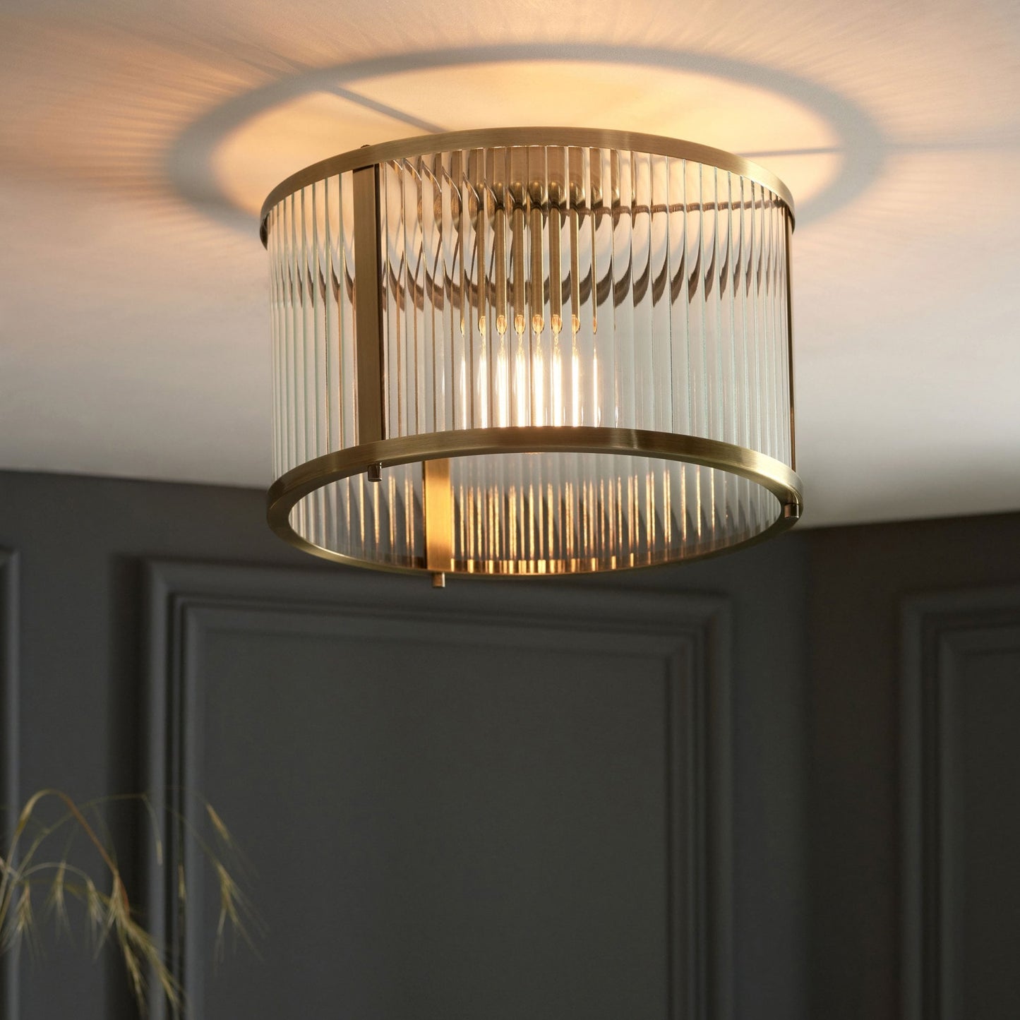 Lamp Candle| Ridgeton Flush Ceiling Light in Antique Brass & Clear Ribbed Glass