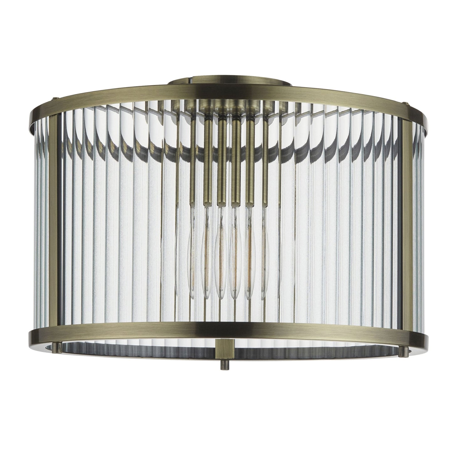 Lamp Candle| Ridgeton Flush Ceiling Light in Antique Brass & Clear Ribbed Glass