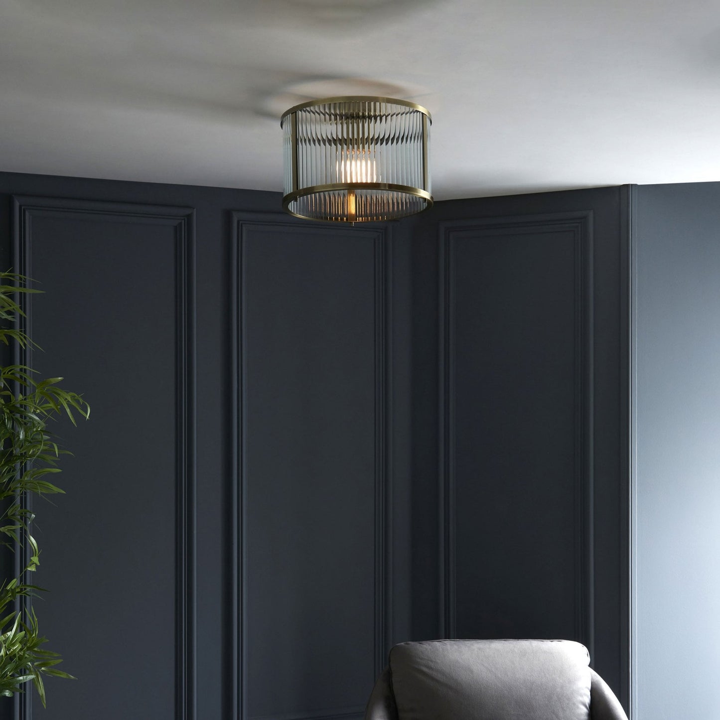 Lamp Candle| Ridgeton Flush Ceiling Light in Antique Brass & Clear Ribbed Glass