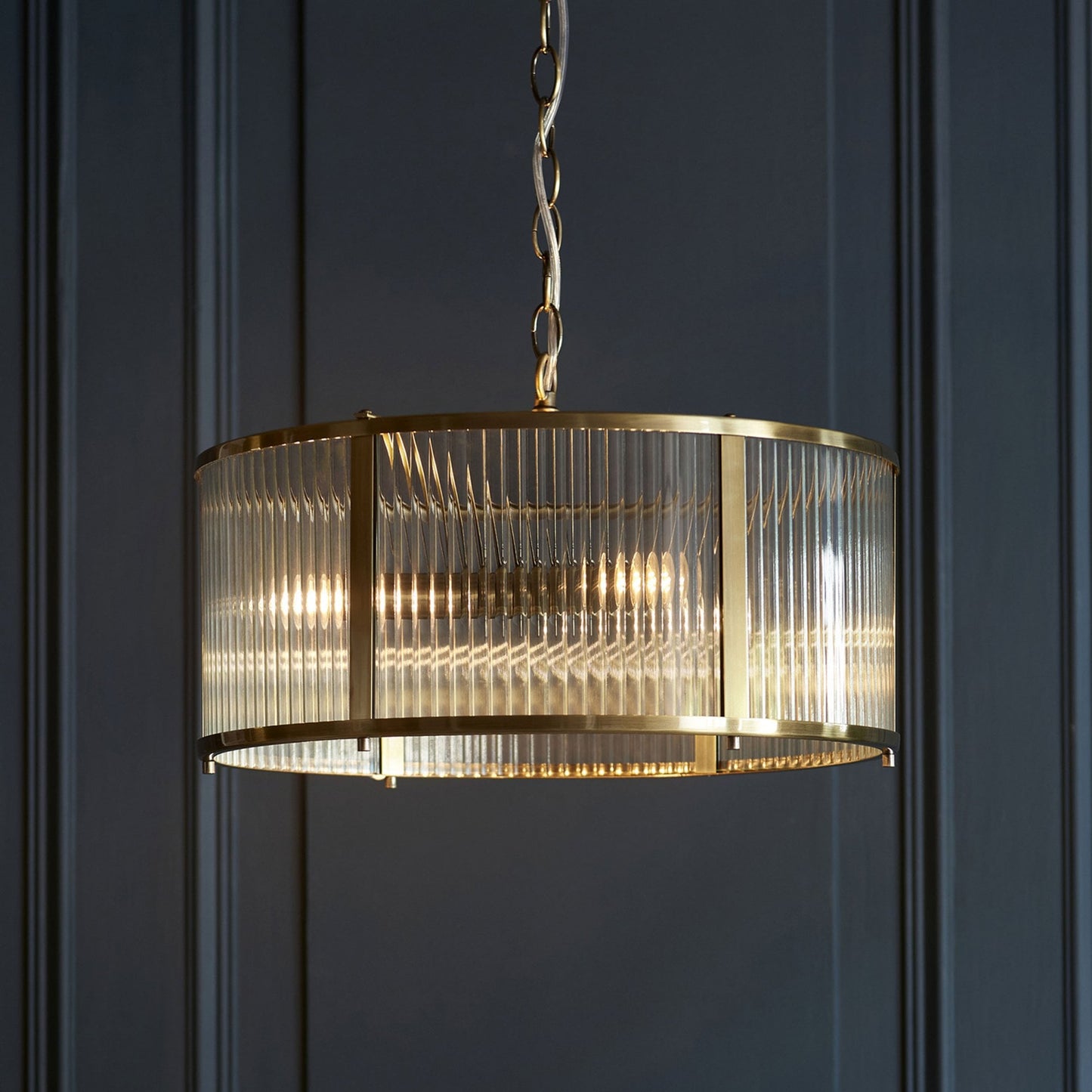 Lamp Candle| Ridgeton Pendant Light in Antique Brass & Clear Ribbed Glass