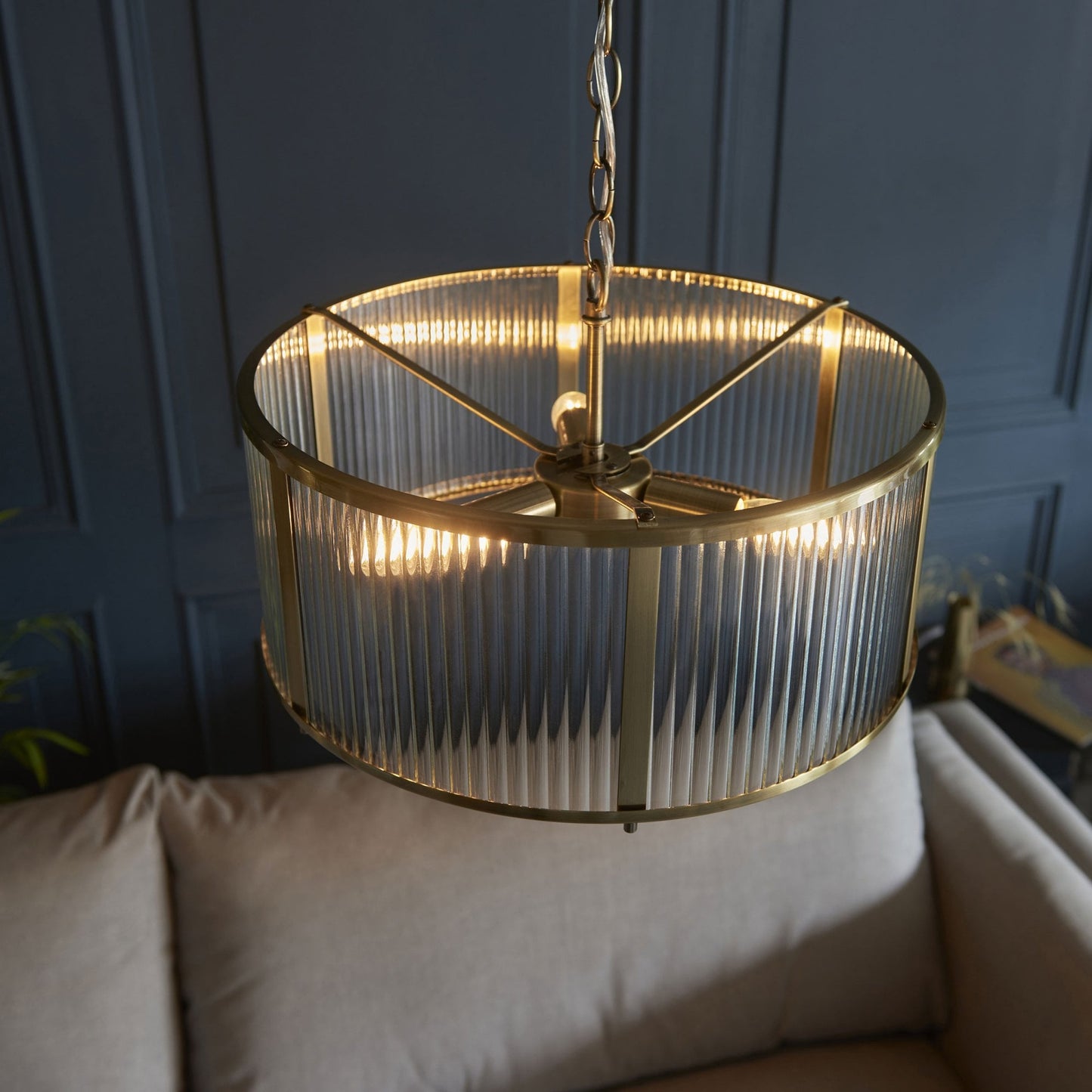 Lamp Candle| Ridgeton Pendant Light in Antique Brass & Clear Ribbed Glass
