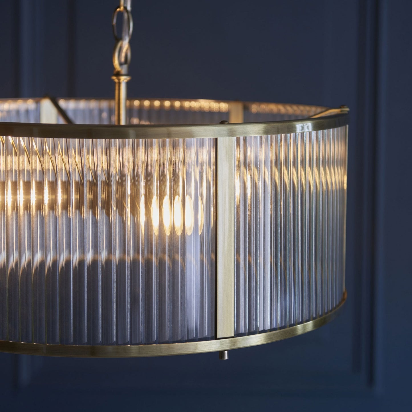 Lamp Candle| Ridgeton Pendant Light in Antique Brass & Clear Ribbed Glass